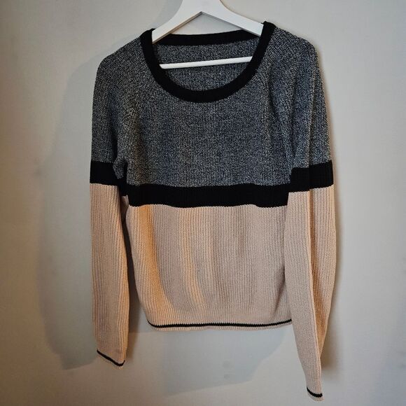 Shein Sweater Crewneck Color Block Stripe Knit Casual Neutral Trendy - Picture 1 of 10
